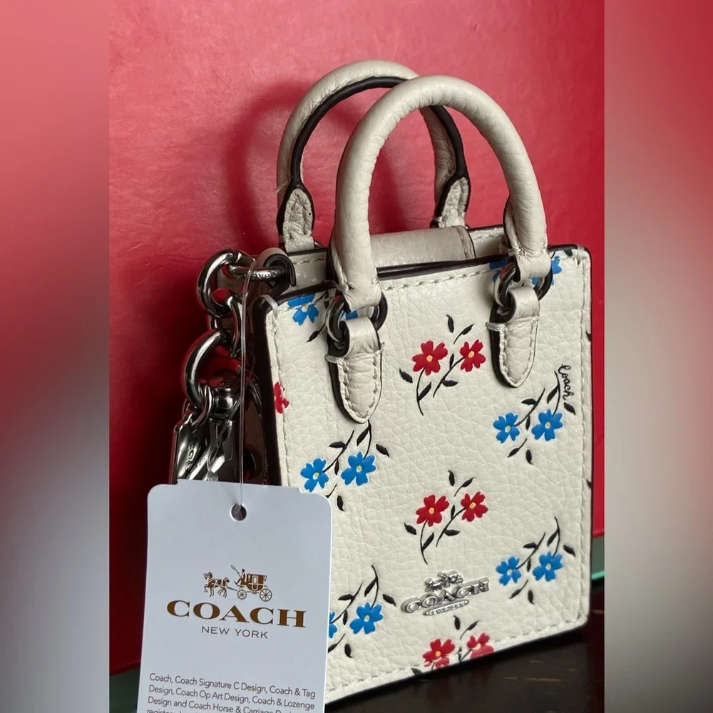Coach Floral Key Holder in White with Red and Blue Accents